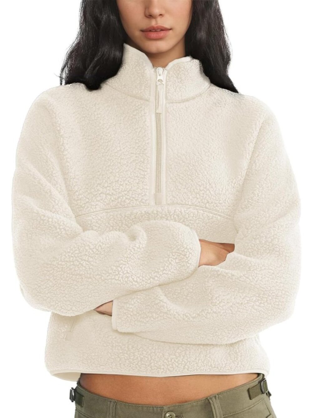 Women Beige 100% Polyester Mock-neck Fuzzy Sherpa Fleece Quarter Zip Sweatshirt